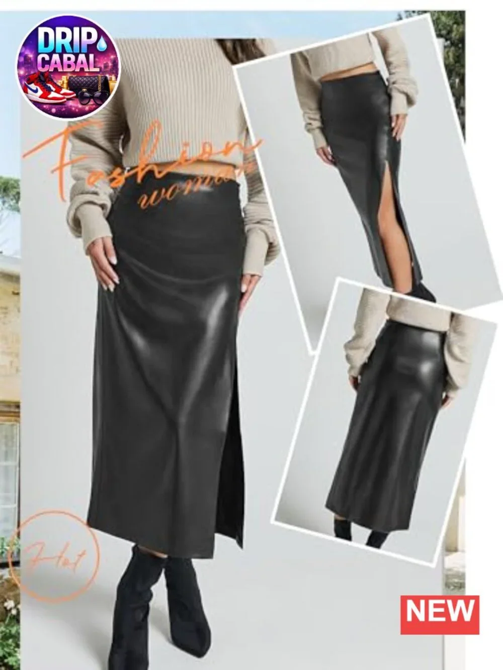 Women High Waisted Faux Leather Side Slit Bodycon Skirt